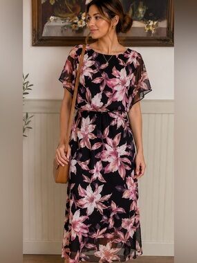 connected apparel Black Maxi Dress with Pink Floral Print